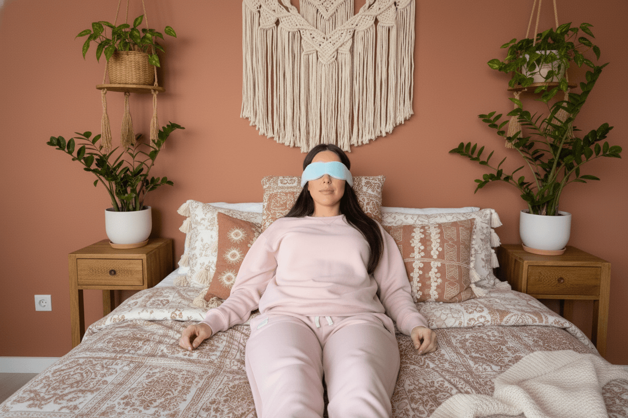 Close-up of headhug mask creating complete darkness